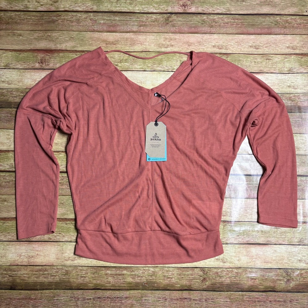Prana Women Ribbed V-Neck Dolman Long Sleeve Top Terracotta Rose NWT Large